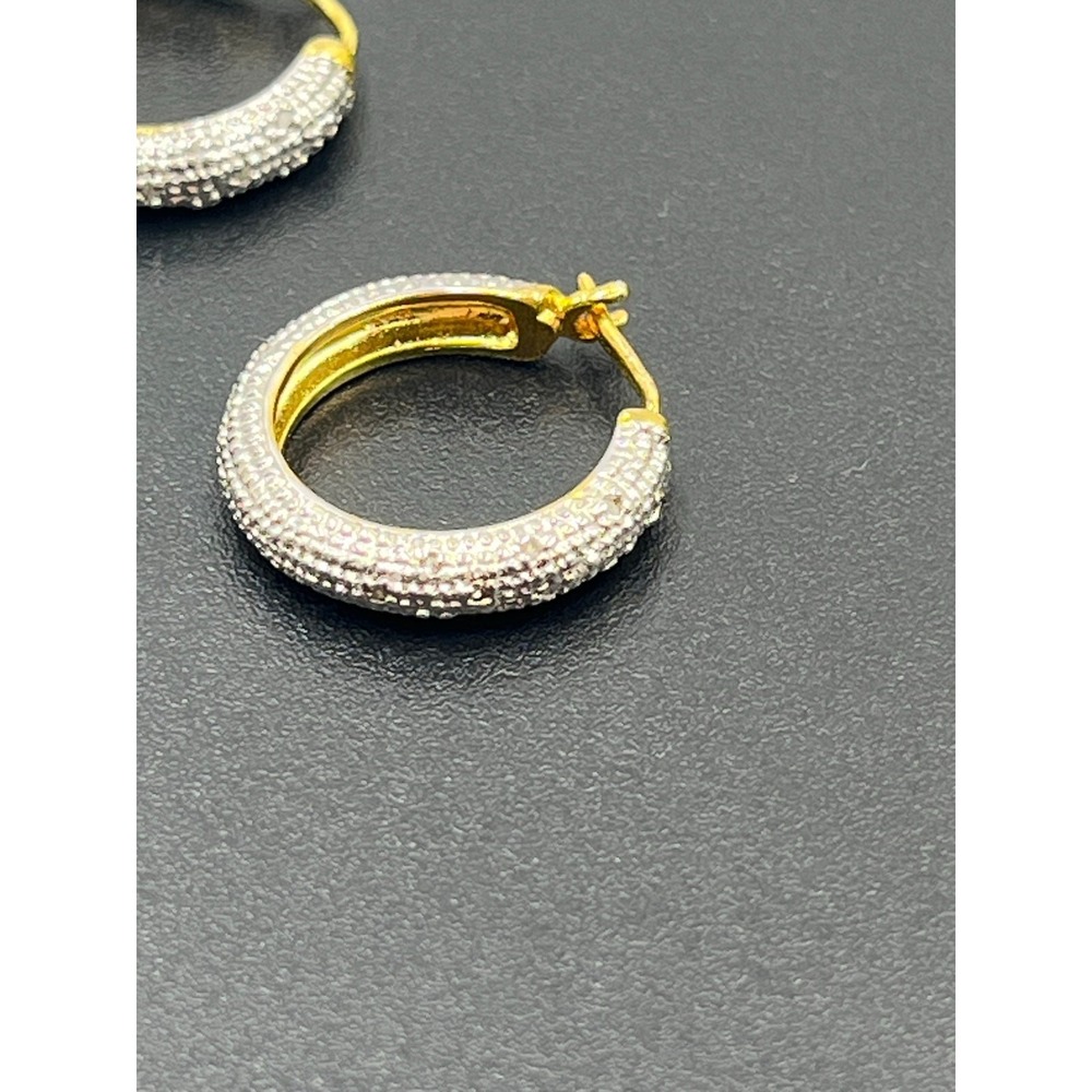 RT Sterling Silver Gold Plated Two Tone Diamond Chip Pave Round Hoop Earrings - Picture 8 of 8